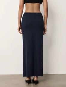 MERLEAU-F Damen Slim-Fit Strickrock in Dunkelblau mit geschwungenem hohem Schlitz, moderner sexy urbaner Stil für Herbst, Arbeit, Dates und Nachtausgehen - marineblau - Übersicht 2