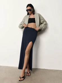 MERLEAU-F Damen Slim-Fit Strickrock in Dunkelblau mit geschwungenem hohem Schlitz, moderner sexy urbaner Stil für Herbst, Arbeit, Dates und Nachtausgehen - marineblau - Übersicht 4