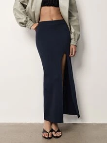 MERLEAU-F Damen Slim-Fit Strickrock in Dunkelblau mit geschwungenem hohem Schlitz, moderner sexy urbaner Stil für Herbst, Arbeit, Dates und Nachtausgehen - marineblau - Übersicht 8
