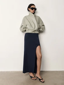 MERLEAU-F Damen Slim-Fit Strickrock in Dunkelblau mit geschwungenem hohem Schlitz, moderner sexy urbaner Stil für Herbst, Arbeit, Dates und Nachtausgehen - marineblau - Übersicht 6