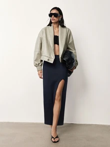 MERLEAU-F Damen Slim-Fit Strickrock in Dunkelblau mit geschwungenem hohem Schlitz, moderner sexy urbaner Stil für Herbst, Arbeit, Dates und Nachtausgehen - marineblau - Übersicht 5