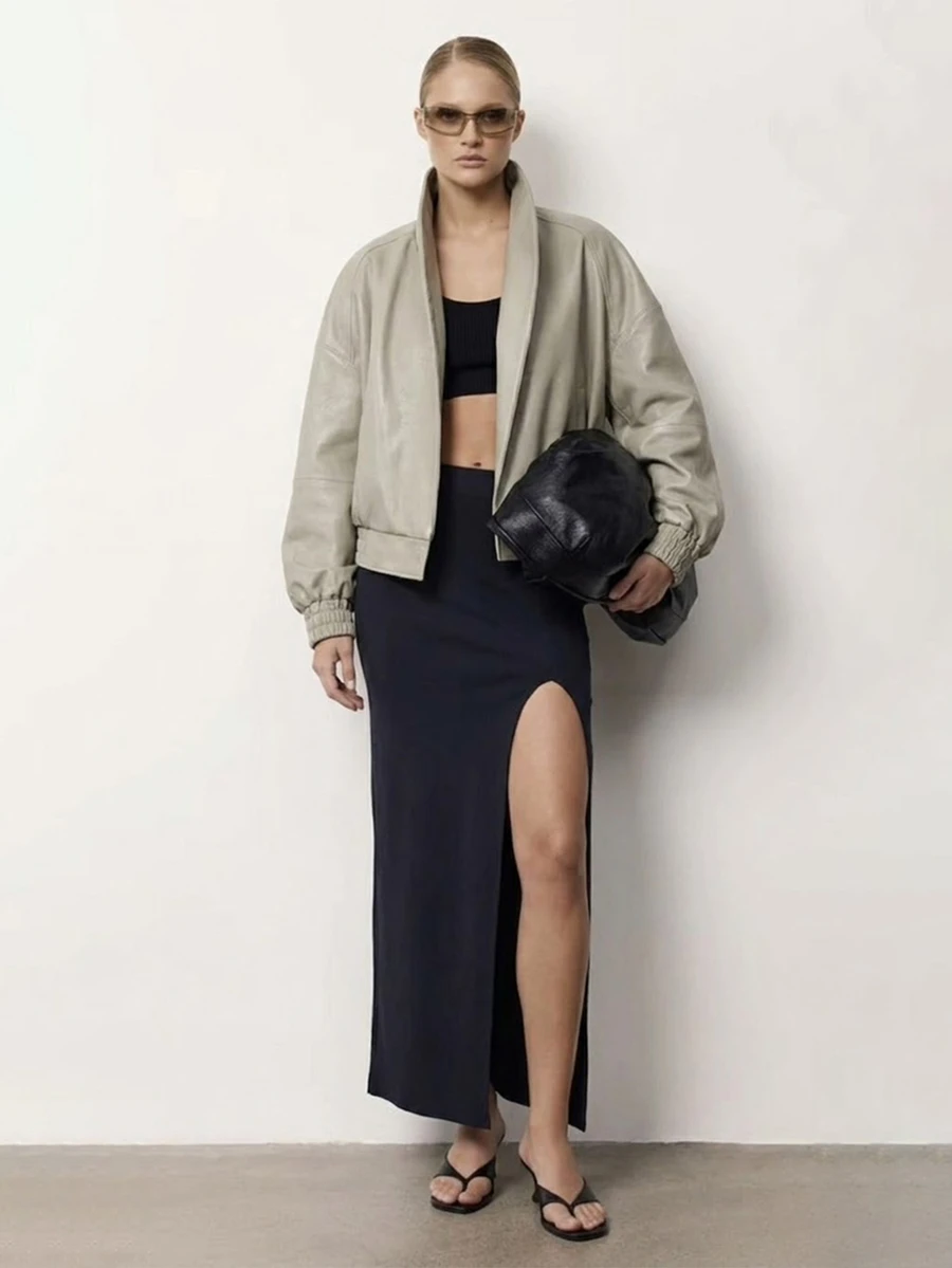 MERLEAU-F Damen Slim-Fit Strickrock in Dunkelblau mit geschwungenem hohem Schlitz, moderner sexy urbaner Stil für Herbst, Arbeit, Dates und Nachtausgehen - marineblau - Übersicht 1