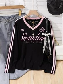SHEIN 青少年女孩秋季黑色與粉色字母長袖蝴蝶結T恤休閒百搭日常穿著 - 黑色 - 查看 2