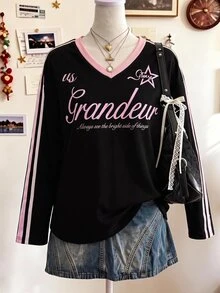 SHEIN 青少年女孩秋季黑色與粉色字母長袖蝴蝶結T恤休閒百搭日常穿著 - 黑色 - 查看 7