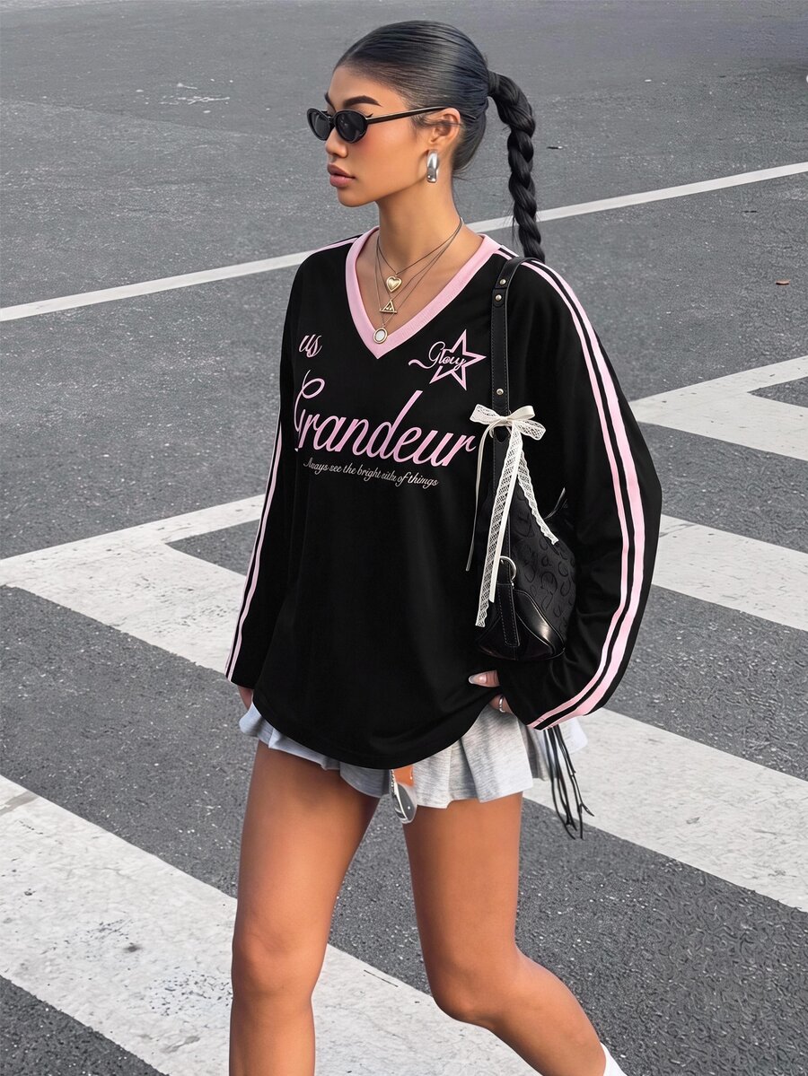 SHEIN 青少年女孩秋季黑色與粉色字母長袖蝴蝶結T恤休閒百搭日常穿著 - 黑色 - 查看 1