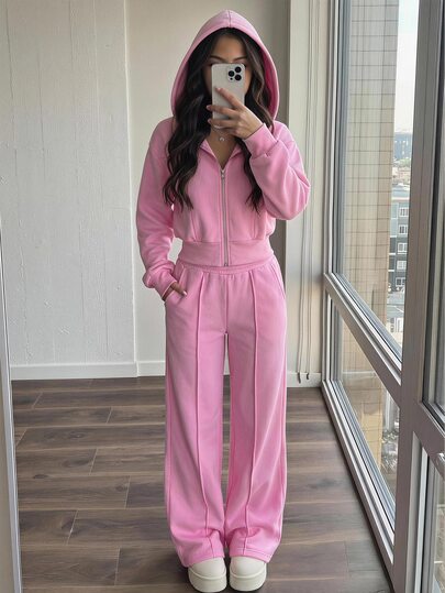 SHEIN Teen Girls Hoodie & Sweatshirt Co-Ords Autumn/Winter New Pink Knit Sweatshirt Set
