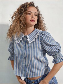 WESTFADE Ruffle Lace Collar Button Front Puff Sleeve Blue And White Striped Top Shirt, Autumn, Fall, Vacation, Female Country Look, Cowgirl, Rodeo, Concert - Blue - View 1