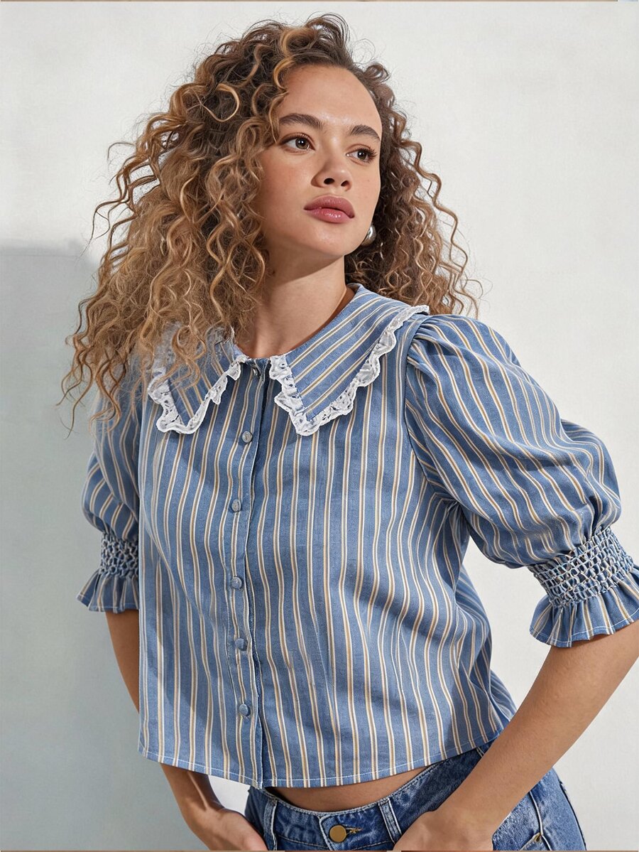 WESTFADE Ruffle Lace Collar Button Front Puff Sleeve Blue And White Striped Top Shirt, Autumn, Fall, Vacation, Female Country Look, Cowgirl, Rodeo, Concert - Blue - View 1