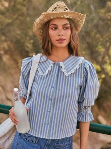 WESTFADE Ruffle Lace Collar Button Front Puff Sleeve Blue And White Striped Top Shirt, Autumn, Fall, Vacation, Female Country Look, Cowgirl, Rodeo, Concert - Blue - View 4