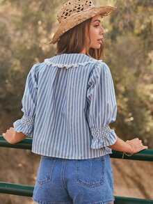 WESTFADE Ruffle Lace Collar Button Front Puff Sleeve Blue And White Striped Top Shirt, Autumn, Fall, Vacation, Female Country Look, Cowgirl, Rodeo, Concert - Blue - View 2