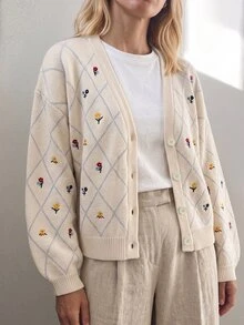 Elenzga 女款秋冬居家度假休閒森系杏色刺繡燈籠袖前開扣羅紋寬鬆針織開襟外套 - 杏色 - 查看 3