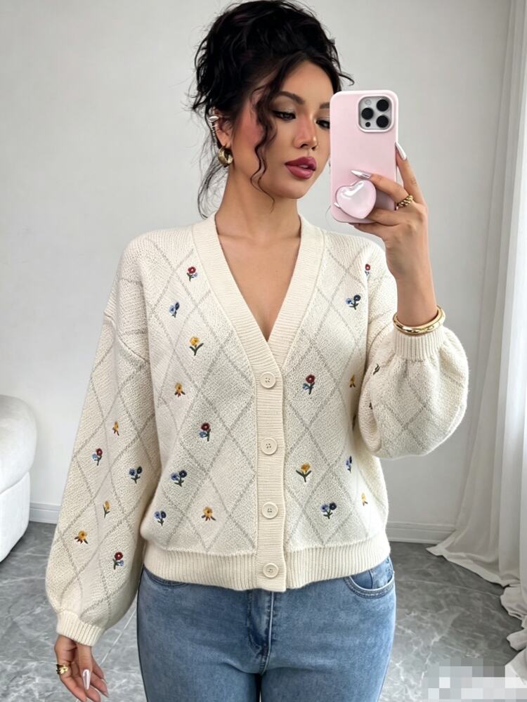 Elenzga Women's Autumn/Winter Home Holiday Casual Mori Style Apricot Embroidered Lantern Sleeve Front Button Ribbed Loose Knit Cardigan Jacket - Apricot - View 7