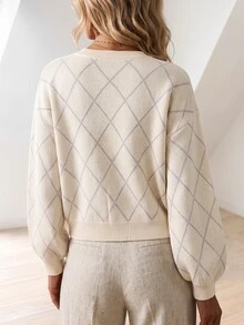 Elenzga 女款秋冬居家度假休閒森系杏色刺繡燈籠袖前開扣羅紋寬鬆針織開襟外套 - 杏色 - 查看 2