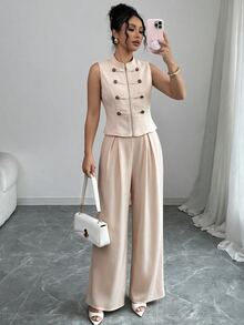Flora Isola Flora Isola Conjunto de 2 Peças Colete com Botão Napoleão e Zíper e Calça Longa Plissada Outono/Inverno Dia dos Professores Escritório de Negócios Bege Casual Elegante - Damasco - Visão 5