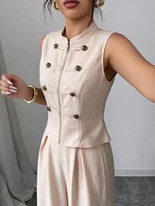 Flora Isola Flora Isola Conjunto de 2 Peças Colete com Botão Napoleão e Zíper e Calça Longa Plissada Outono/Inverno Dia dos Professores Escritório de Negócios Bege Casual Elegante - Damasco - Visão 6