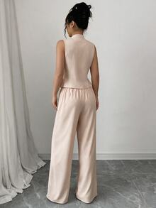 Flora Isola Flora Isola Conjunto de 2 Peças Colete com Botão Napoleão e Zíper e Calça Longa Plissada Outono/Inverno Dia dos Professores Escritório de Negócios Bege Casual Elegante - Damasco - Visão 8