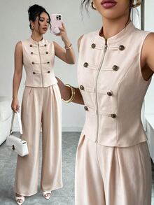 Flora Isola Flora Isola Conjunto de 2 Peças Colete com Botão Napoleão e Zíper e Calça Longa Plissada Outono/Inverno Dia dos Professores Escritório de Negócios Bege Casual Elegante - Damasco - Visão 4