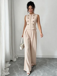 Flora Isola Flora Isola Conjunto de 2 Peças Colete com Botão Napoleão e Zíper e Calça Longa Plissada Outono/Inverno Dia dos Professores Escritório de Negócios Bege Casual Elegante - Damasco - Visão 7