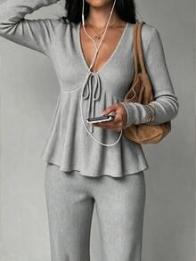Flora Isola Flora Isola Women's Autumn/Winter Casual Long Sleeve V-Neck Bowknot Ribbed Brushed Fabric 2 Pieces Set Fall Lounge Everyday Light Grey - Grey - View 2