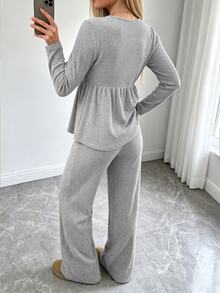 Flora Isola Flora Isola Women's Autumn/Winter Casual Long Sleeve V-Neck Bowknot Ribbed Brushed Fabric 2 Pieces Set Fall Lounge Everyday Light Grey - Grey - View 6