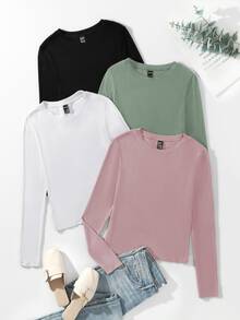 SHEIN Unity 4入組素色長袖T恤 - 彩色 - 查看 1