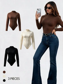 SHEIN Unity 3入組純色褶皺修身連身衣 - 彩色 - 查看 2