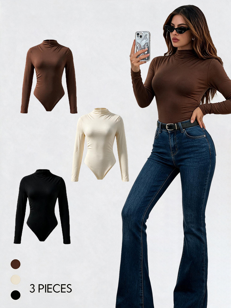 SHEIN Unity 3pcs Solid Color Ruched Slim-Fit Bodysuit Fall Cloth For Women - Multicolor - View 2
