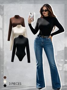 SHEIN Unity 3入組純色褶皺修身連身衣 - 彩色 - 查看 1