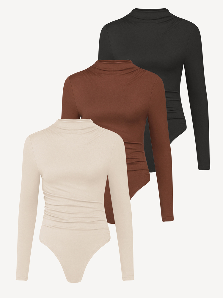 SHEIN Unity 3pcs Solid Color Ruched Slim-Fit Bodysuit Fall Cloth For Women - Multicolor - View 5