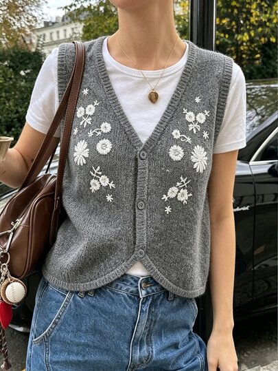 Autumina Dunkelgraue V-Ausschnitt Vintage elegante Mode urban Pendeln charmante Blumen bestickte exquisite ärmellose Strickweste für Frauen