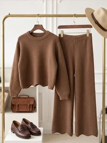 SHEIN Teenage Girls Autumn Outfit, Fashion Casual Slouchy Sweater Set, Solid Color Loose Hem Split Sweater And Wide Leg Pants 2-Piece Set - Brown - View 2