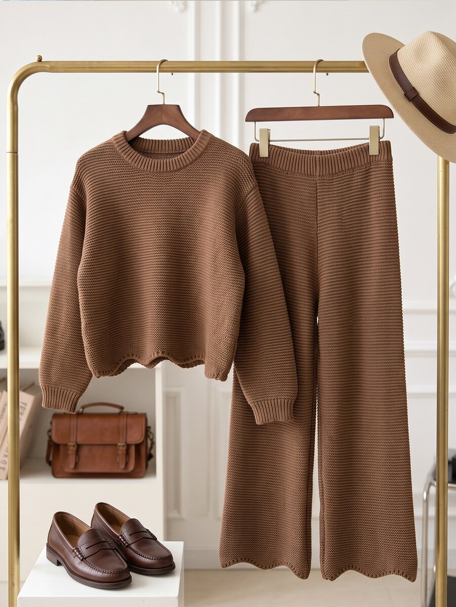 SHEIN Teenage Girls Autumn Outfit, Fashion Casual Slouchy Sweater Set, Solid Color Loose Hem Split Sweater And Wide Leg Pants 2-Piece Set