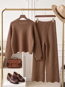 SHEIN Teenage Girls Autumn Outfit, Fashion Casual Slouchy Sweater Set, Solid Color Loose Hem Split Sweater And Wide Leg Pants 2-Piece Set - Brown - View 3