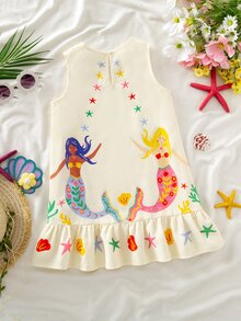 SHEIN 少女编织可爱美人鱼印花圆领无袖休闲连衣裙 - 淺藍色 - 查看 4