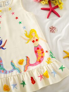 SHEIN 少女编织可爱美人鱼印花圆领无袖休闲连衣裙 - 淺藍色 - 查看 8