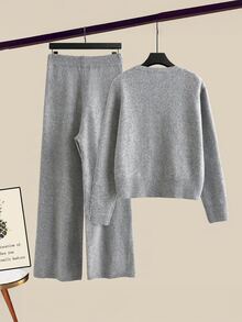 GlowEve Women's Autumn/Winter Casual Double-Breasted Cardigan & Knit Pants 2 Pieces Set - Grey - View 2