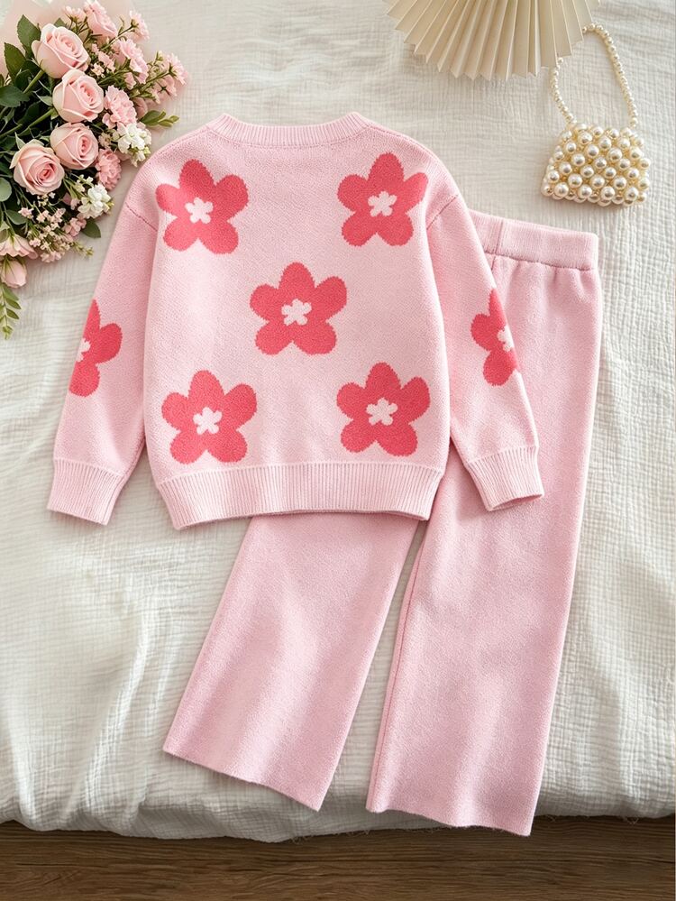 New Fashion Versatile Cute Girls Toddler Heart Bow Knitted Sweater Set Autumn Fall Pullover - Pink - View 2