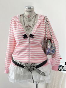 Sunspun 大尺碼女款條紋對比蕾絲前拉鍊連帽運動衫 - 彩色 - 查看 3