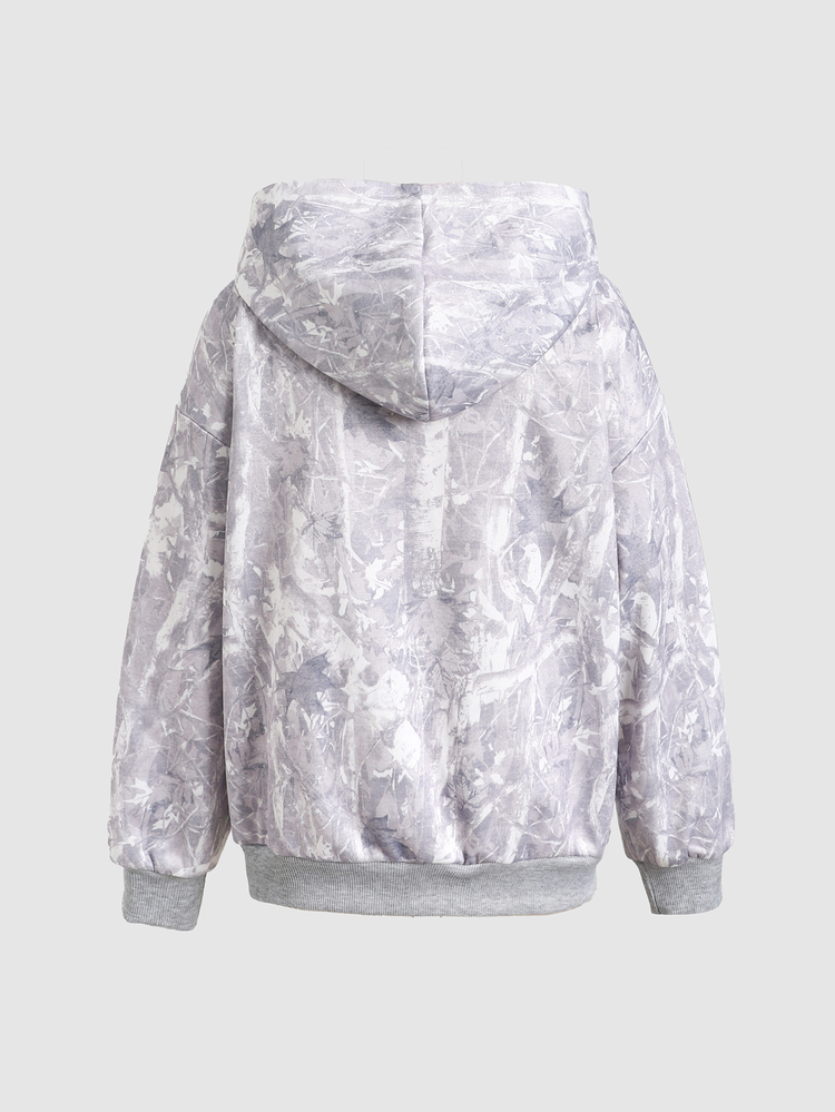 SHEIN Áo nỉ hoodie trẻ em bé gái tween thời trang thường ngày in kỹ thuật số, vạt mở trước - Màu Xám nhạt - Xem 4