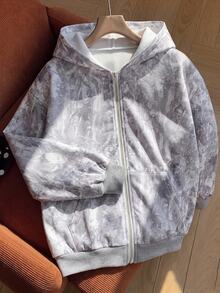 SHEIN Kids Tween Girl Fashion Casual Daily Digital Print Hooded Open Front Sweatshirt - Light Grey - View 12