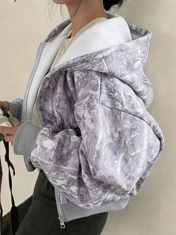 SHEIN Áo nỉ hoodie trẻ em bé gái tween thời trang thường ngày in kỹ thuật số, vạt mở trước - Màu Xám nhạt - Xem 1