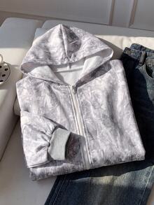 SHEIN Kids Tween Girl Fashion Casual Daily Digital Print Hooded Open Front Sweatshirt - Light Grey - View 11