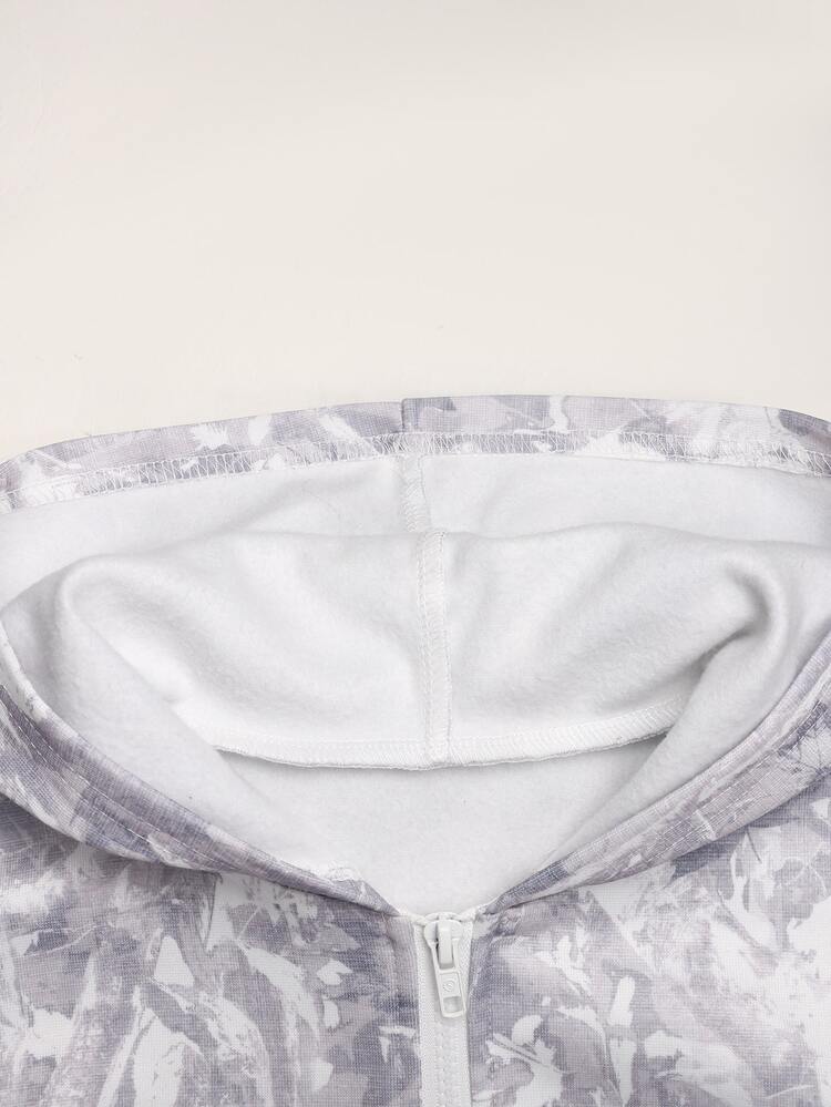 SHEIN Áo nỉ hoodie trẻ em bé gái tween thời trang thường ngày in kỹ thuật số, vạt mở trước - Màu Xám nhạt - Xem 5