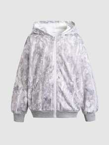 SHEIN Kids Tween Girl Fashion Casual Daily Digital Print Hooded Open Front Sweatshirt - Light Grey - View 3