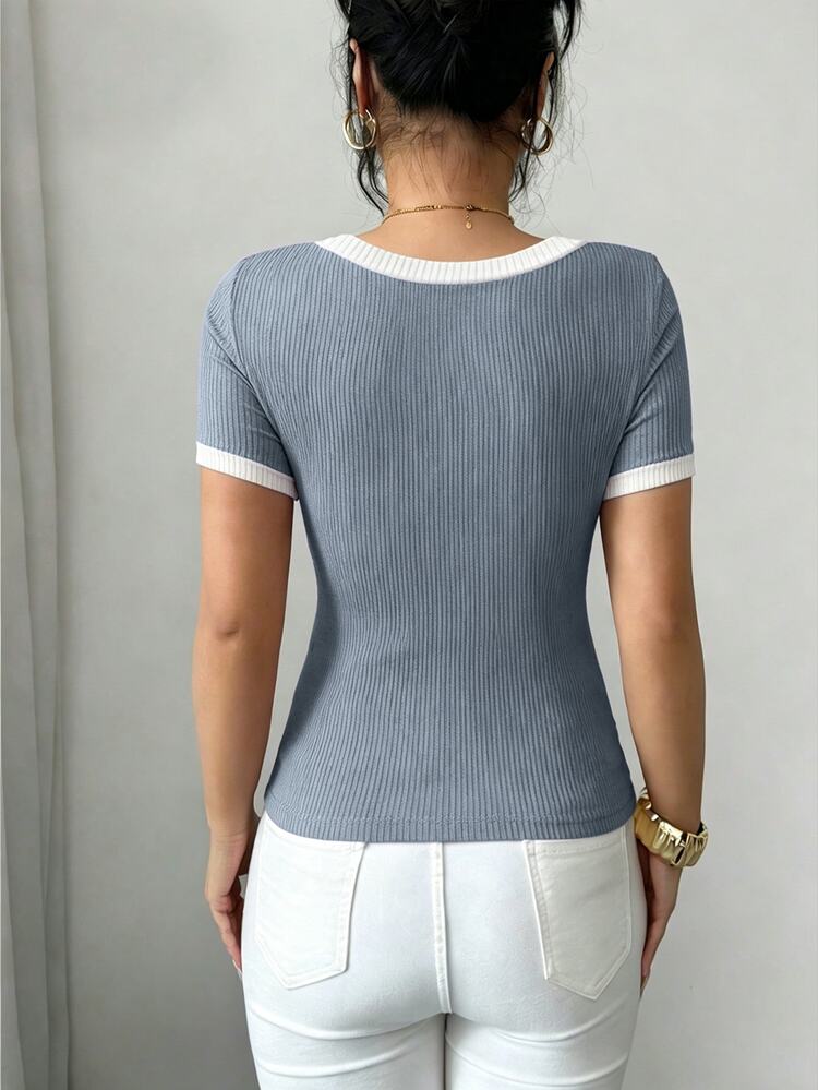 Elenzga Women's Colorblock Round Neck Short Sleeve Ribbed Slim Fit Casual T-Shirt Back-To-School School Teacher Blue And White Summer - Blue - View 2