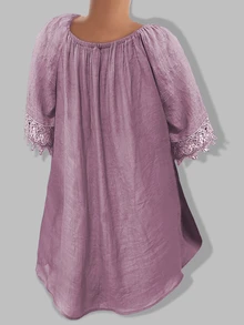 EMERY ROSE Women's Casual Solid Color Lace Patchwork Short Sleeve Blouse - Purple - View 2