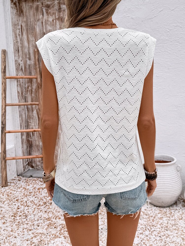 EMERY ROSE Camiseta casual holgada de mujer con cuello redondo, manga corta y bordado láser - Blanco - Añade 2