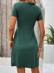 EMERY ROSE Women's Simple Solid Color Short Sleeve V-Neck Dress - Dark Green - View 2
