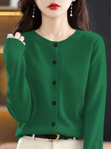 EMERY ROSE Women's Loose Solid Color Casual Long Sleeve Short Cardigan, Autumn/Winter,Long Sleeve Tops Fall Cloth For Women - Green - View 3