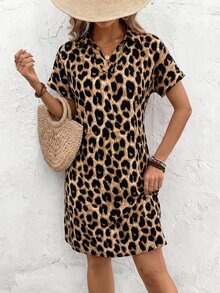EMERY ROSE Leopard Print Casual Batwing Sleeve Dress, Summer For Women Shirt Dress Leopard Dress - Mocha Brown - View 6